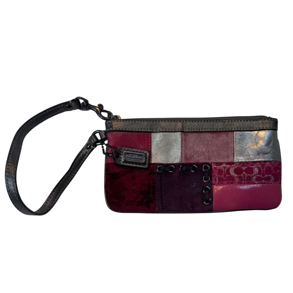 Coach Patchwork Leather Suede Velvet Wristlet Burgundy Pink Silver Metallic